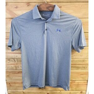 Under Armour Shirt Men Large Blue Striped Heat Gear Polo Performance Loose